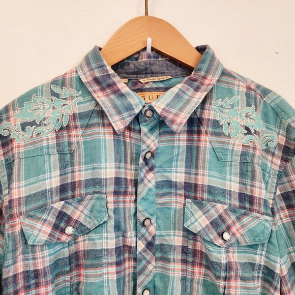 Vtg GUESS Pearl Snap Western Button Up Long Green Plaid Embroidered Men Xl - Picture 5 of 16